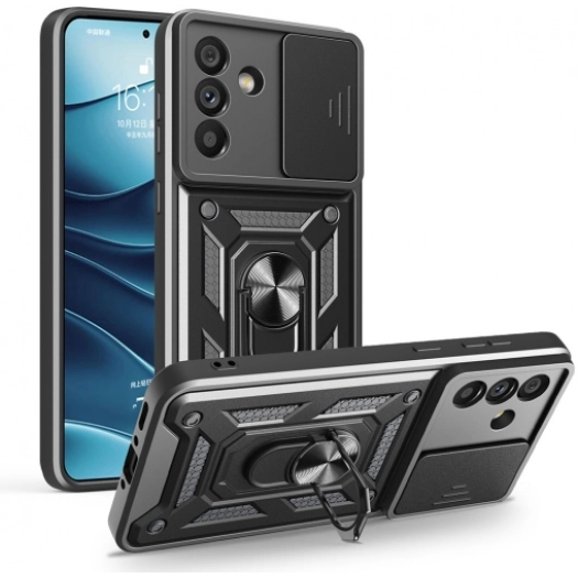 Samsung Galaxy A56 Kılıf Zırhlı Standlı Silikon Sürgülü Kamera Korumalı Tank Kapak - Siyah