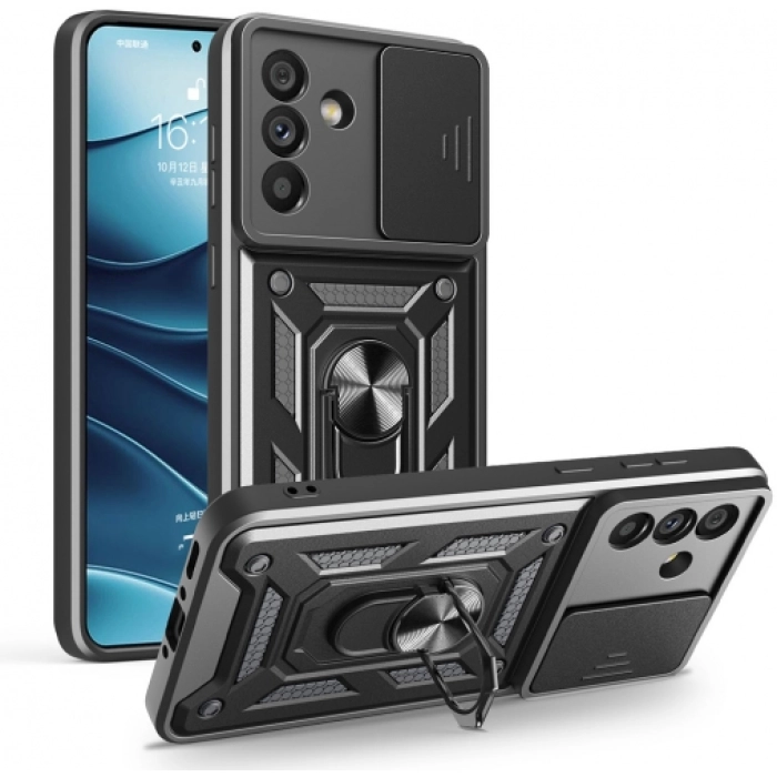 Samsung Galaxy A56 Kılıf Zırhlı Standlı Silikon Sürgülü Kamera Korumalı Tank Kapak - Siyah