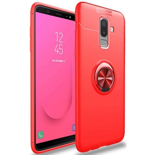 Samsung Galaxy A6 Plus 2018 Kılıf Renkli Silikon Yüzüklü Standlı Auto Focus Ravel Kapak - Kırmızı