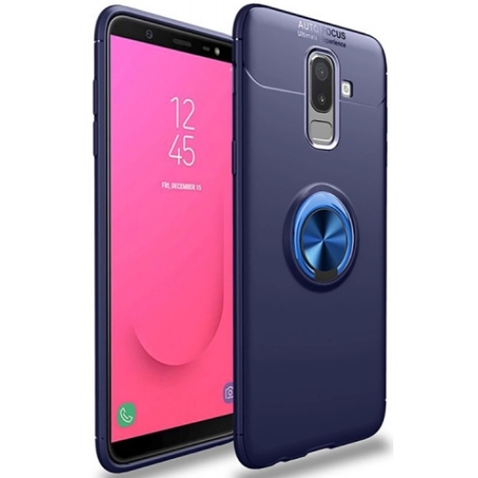 Samsung Galaxy A6 Plus 2018 Kılıf Renkli Silikon Yüzüklü Standlı Auto Focus Ravel Kapak - Mavi