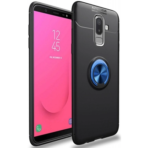 Samsung Galaxy A6 Plus 2018 Kılıf Renkli Silikon Yüzüklü Standlı Auto Focus Ravel Kapak - Mavi - Siyah