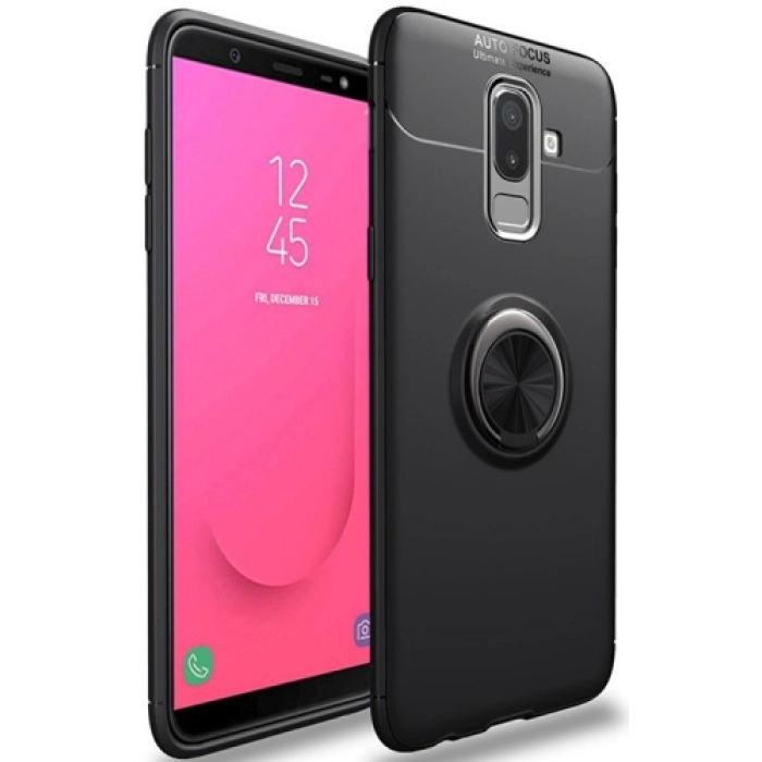 Samsung Galaxy A6 Plus 2018 Kılıf Renkli Silikon Yüzüklü Standlı Auto Focus Ravel Kapak - Siyah