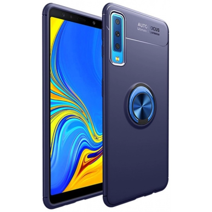 Samsung Galaxy A7 2018 Kılıf Renkli Silikon Yüzüklü Standlı Auto Focus Ravel Kapak - Mavi