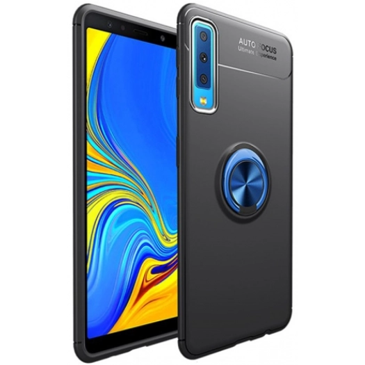 Samsung Galaxy A7 2018 Kılıf Renkli Silikon Yüzüklü Standlı Auto Focus Ravel Kapak - Mavi - Siyah