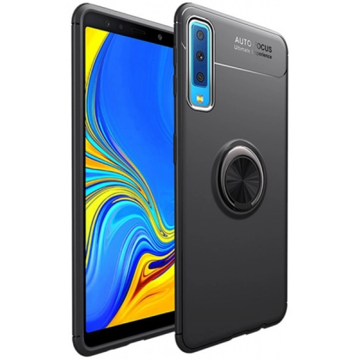 Samsung Galaxy A7 2018 Kılıf Renkli Silikon Yüzüklü Standlı Auto Focus Ravel Kapak - Siyah