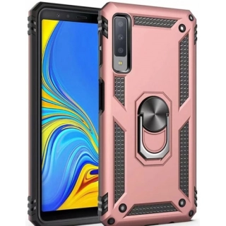 Samsung Galaxy A7 2018 Kılıf Silikon Zırhlı Standlı Yüzüklü Mıknatıslı Tank Kapak - Rose Gold