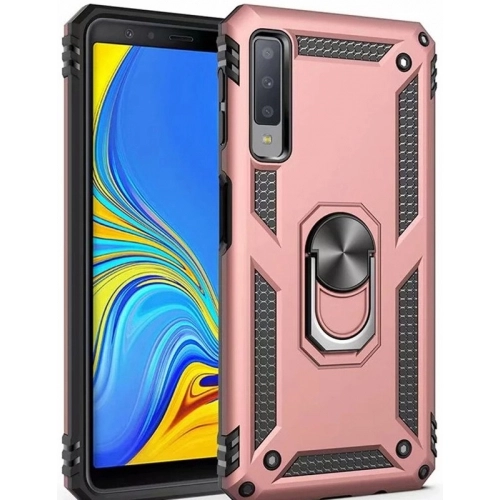 Samsung Galaxy A7 2018 Kılıf Silikon Zırhlı Standlı Yüzüklü Mıknatıslı Tank Kapak - Rose Gold