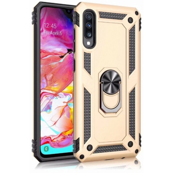 Samsung Galaxy A70 Kılıf Silikon Zırhlı Standlı Yüzüklü Mıknatıslı Tank Kapak - Gold