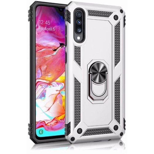 Samsung Galaxy A70 Kılıf Silikon Zırhlı Standlı Yüzüklü Mıknatıslı Tank Kapak - Gri