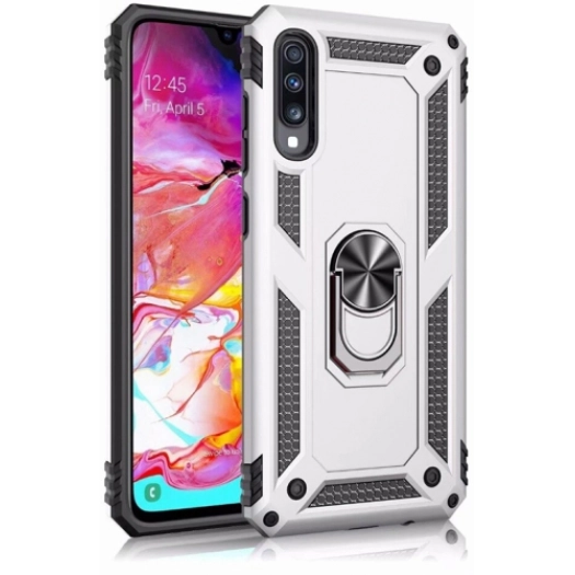 Samsung Galaxy A70 Kılıf Silikon Zırhlı Standlı Yüzüklü Mıknatıslı Tank Kapak - Gri