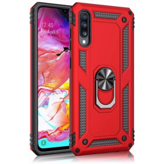 Samsung Galaxy A70 Kılıf Silikon Zırhlı Standlı Yüzüklü Mıknatıslı Tank Kapak - Kırmızı