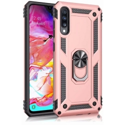 Samsung Galaxy A70 Kılıf Silikon Zırhlı Standlı Yüzüklü Mıknatıslı Tank Kapak - Rose Gold