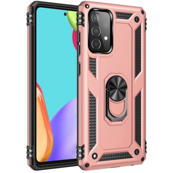 Samsung Galaxy A72 Kılıf Silikon Zırhlı Standlı Yüzüklü Mıknatıslı Tank Kapak - Rose Gold