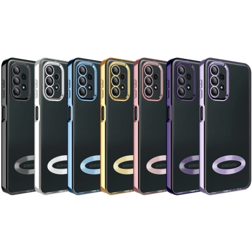 Samsung Galaxy A73 Kılıf Kamera Lens Korumalı Şeffaf Renkli Logo Gösteren Parlak Kapak - Mavi