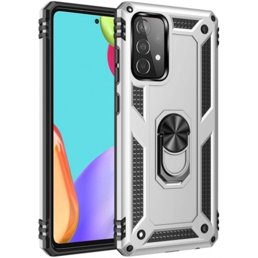 Samsung Galaxy A73 Kılıf Silikon Zırhlı Standlı Yüzüklü Mıknatıslı Tank Kapak - Gümüş