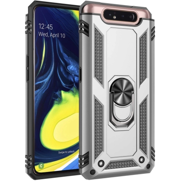 Samsung Galaxy A80 Kılıf Silikon Zırhlı Standlı Yüzüklü Mıknatıslı Tank Kapak - Gri