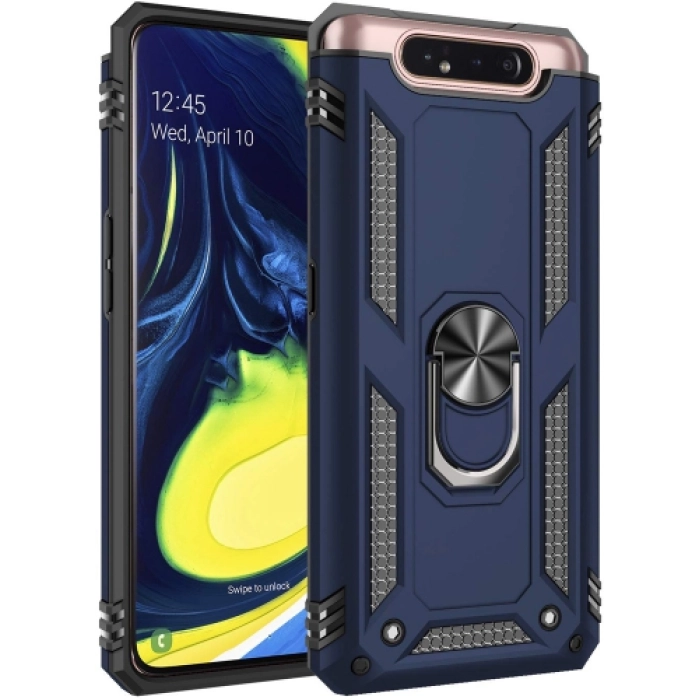 Samsung Galaxy A80 Kılıf Silikon Zırhlı Standlı Yüzüklü Mıknatıslı Tank Kapak - Lacivert