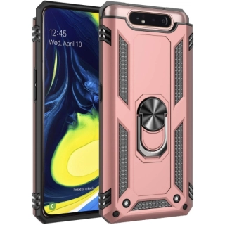 Samsung Galaxy A80 Kılıf Silikon Zırhlı Standlı Yüzüklü Mıknatıslı Tank Kapak - Rose Gold