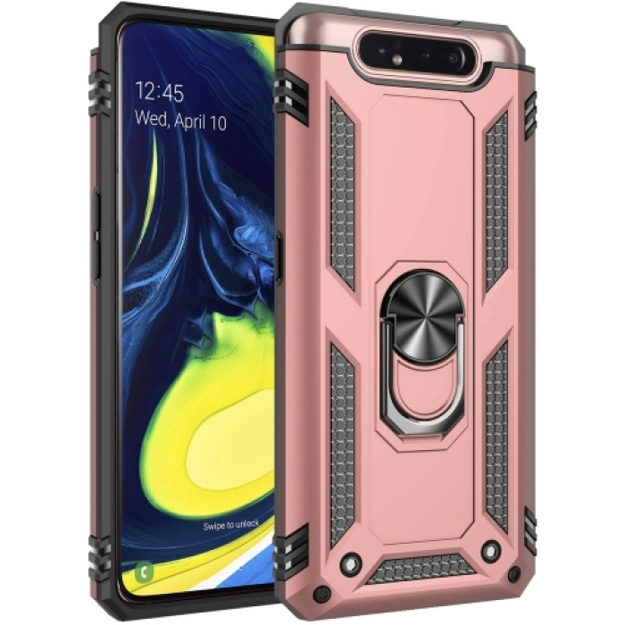 Samsung Galaxy A80 Kılıf Silikon Zırhlı Standlı Yüzüklü Mıknatıslı Tank Kapak - Rose Gold