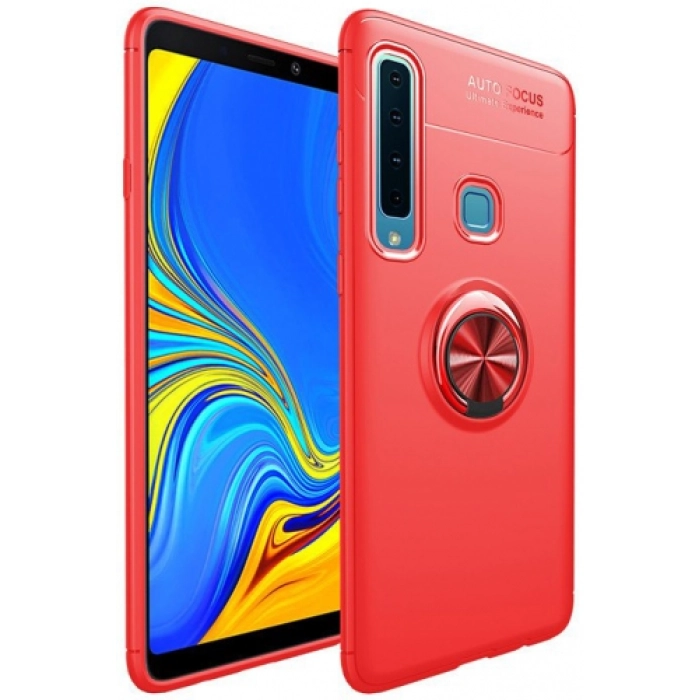 Samsung Galaxy A9 2018 Kılıf Renkli Silikon Yüzüklü Standlı Auto Focus Ravel Kapak - Kırmızı