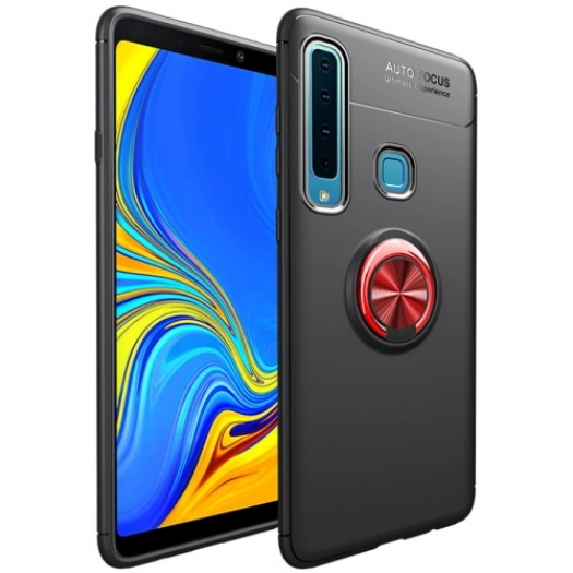 Samsung Galaxy A9 2018 Kılıf Renkli Silikon Yüzüklü Standlı Auto Focus Ravel Kapak - Kırmızı - Siyah