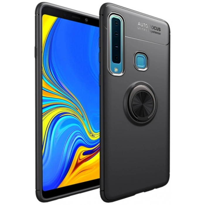 Samsung Galaxy A9 2018 Kılıf Renkli Silikon Yüzüklü Standlı Auto Focus Ravel Kapak - Siyah