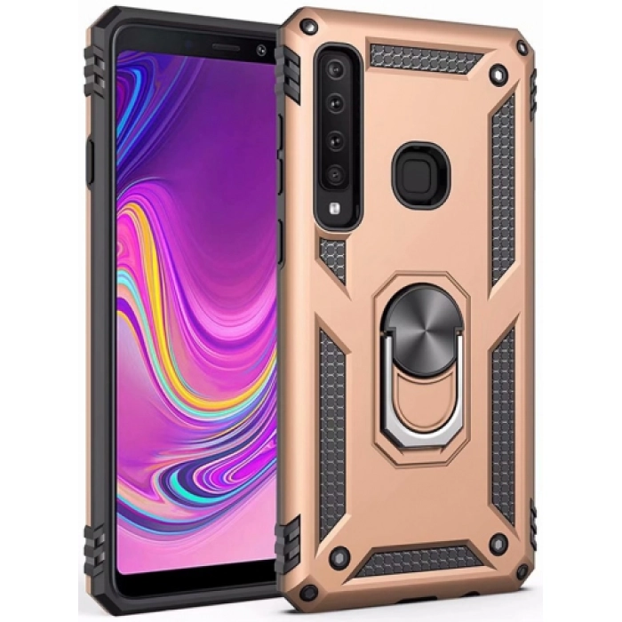 Samsung Galaxy A9 2018 Kılıf Silikon Zırhlı Standlı Yüzüklü Mıknatıslı Tank Kapak - Gold