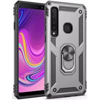 Samsung Galaxy A9 2018 Kılıf Silikon Zırhlı Standlı Yüzüklü Mıknatıslı Tank Kapak - Gri
