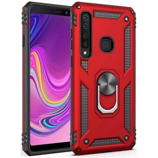 Samsung Galaxy A9 2018 Kılıf Silikon Zırhlı Standlı Yüzüklü Mıknatıslı Tank Kapak - Kırmızı