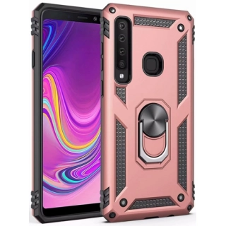 Samsung Galaxy A9 2018 Kılıf Silikon Zırhlı Standlı Yüzüklü Mıknatıslı Tank Kapak - Rose Gold
