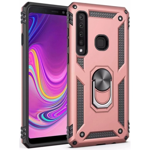 Samsung Galaxy A9 2018 Kılıf Silikon Zırhlı Standlı Yüzüklü Mıknatıslı Tank Kapak - Rose Gold