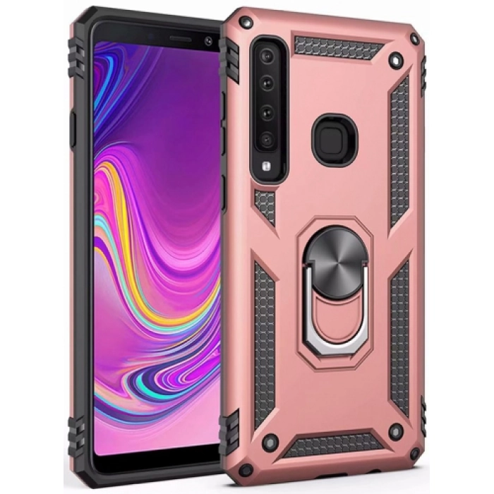 Samsung Galaxy A9 2018 Kılıf Silikon Zırhlı Standlı Yüzüklü Mıknatıslı Tank Kapak - Rose Gold