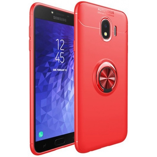 Samsung Galaxy J4 2018 Kılıf Renkli Silikon Yüzüklü Standlı Auto Focus Ravel Kapak - Kırmızı