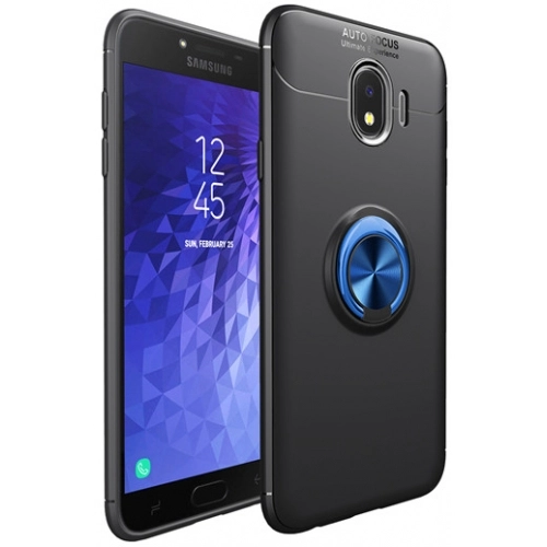 Samsung Galaxy J4 2018 Kılıf Renkli Silikon Yüzüklü Standlı Auto Focus Ravel Kapak - Mavi - Siyah