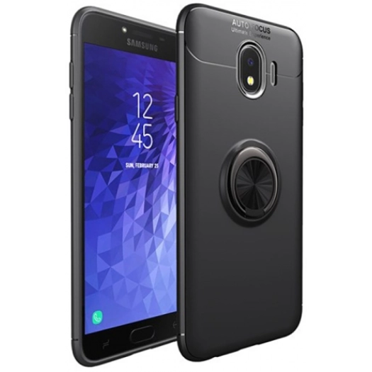 Samsung Galaxy J4 2018 Kılıf Renkli Silikon Yüzüklü Standlı Auto Focus Ravel Kapak - Siyah