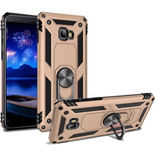 Samsung Galaxy J4 Plus 2018 Kılıf Silikon Zırhlı Standlı Yüzüklü Mıknatıslı Tank Kapak - Gold