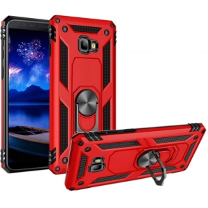 Samsung Galaxy J4 Plus 2018 Kılıf Silikon Zırhlı Standlı Yüzüklü Mıknatıslı Tank Kapak - Kırmızı