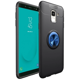 Samsung Galaxy J6 2018 Kılıf Renkli Silikon Yüzüklü Standlı Auto Focus Ravel Kapak - Mavi - Siyah