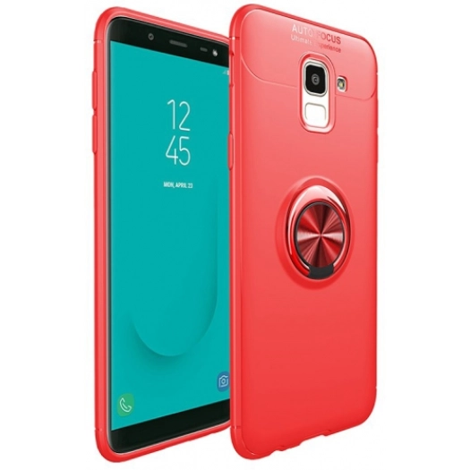 Samsung Galaxy J6 Plus 2018 Kılıf Renkli Silikon Yüzüklü Standlı Auto Focus Ravel Kapak - Kırmızı