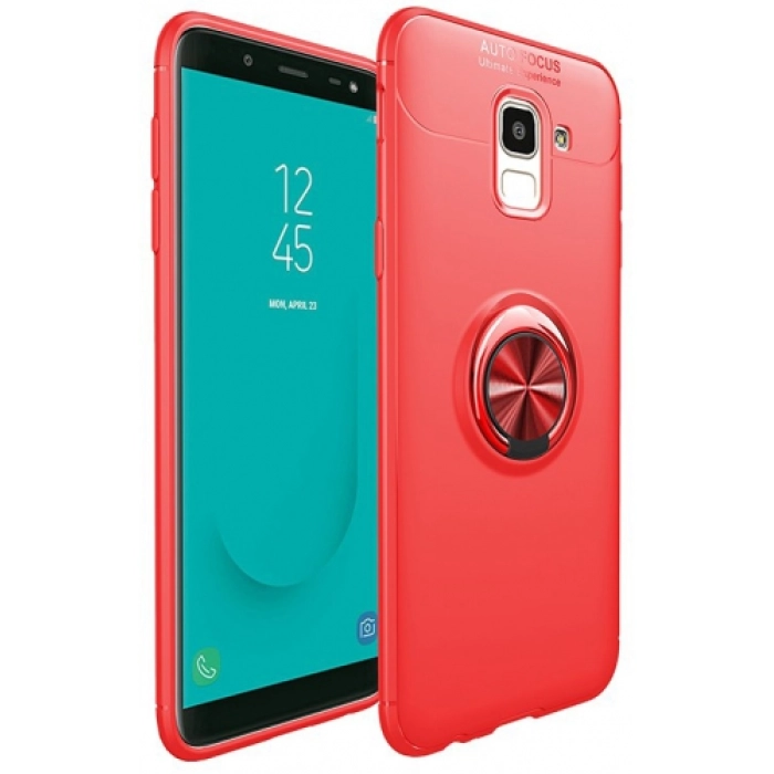 Samsung Galaxy J6 Plus 2018 Kılıf Renkli Silikon Yüzüklü Standlı Auto Focus Ravel Kapak - Kırmızı