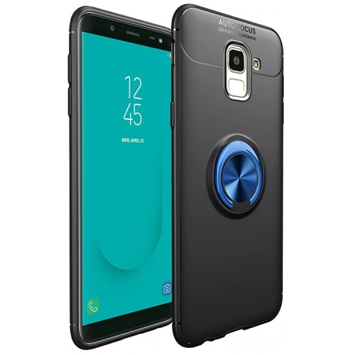 Samsung Galaxy J6 Plus 2018 Kılıf Renkli Silikon Yüzüklü Standlı Auto Focus Ravel Kapak - Mavi - Siyah
