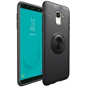 Samsung Galaxy J6 Plus 2018 Kılıf Renkli Silikon Yüzüklü Standlı Auto Focus Ravel Kapak - Siyah