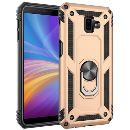 Samsung Galaxy J6 Plus 2018 Kılıf Silikon Zırhlı Standlı Yüzüklü Mıknatıslı Tank Kapak - Gold