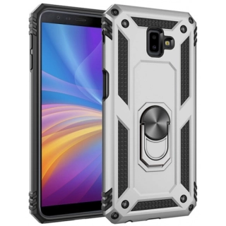Samsung Galaxy J6 Plus 2018 Kılıf Silikon Zırhlı Standlı Yüzüklü Mıknatıslı Tank Kapak - Gri