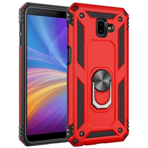 Samsung Galaxy J6 Plus 2018 Kılıf Silikon Zırhlı Standlı Yüzüklü Mıknatıslı Tank Kapak - Kırmızı