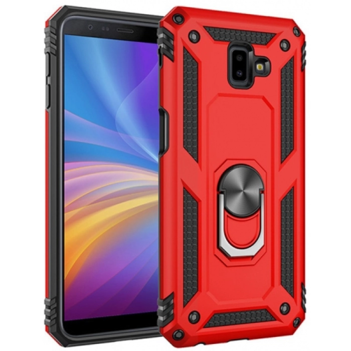 Samsung Galaxy J6 Plus 2018 Kılıf Silikon Zırhlı Standlı Yüzüklü Mıknatıslı Tank Kapak - Kırmızı