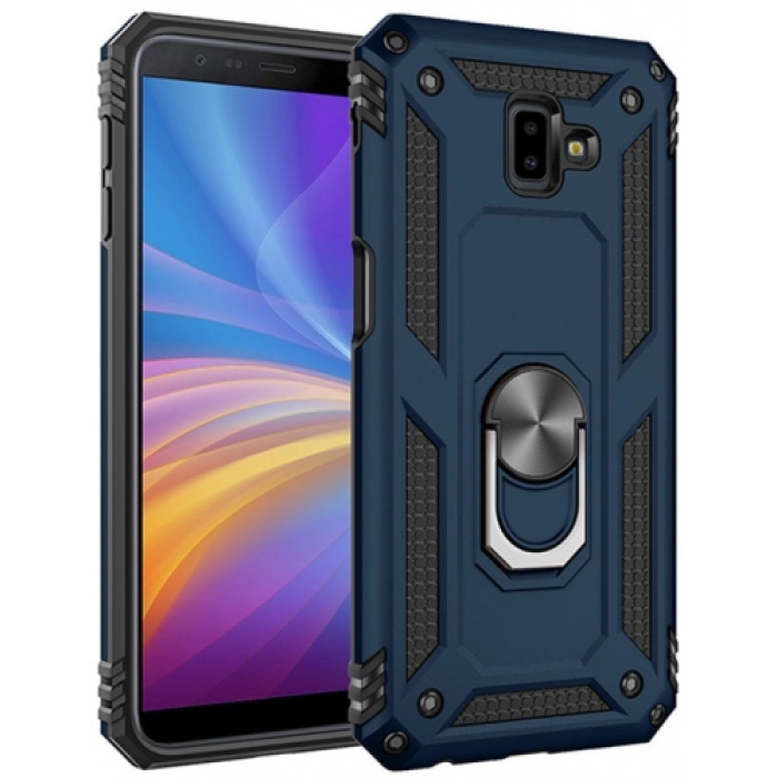 Samsung Galaxy J6 Plus 2018 Kılıf Silikon Zırhlı Standlı Yüzüklü Mıknatıslı Tank Kapak - Lacivert