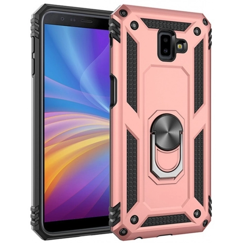Samsung Galaxy J6 Plus 2018 Kılıf Silikon Zırhlı Standlı Yüzüklü Mıknatıslı Tank Kapak - Rose Gold
