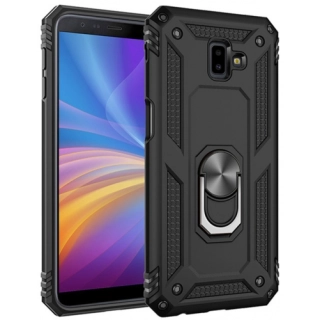 Samsung Galaxy J6 Plus 2018 Kılıf Silikon Zırhlı Standlı Yüzüklü Mıknatıslı Tank Kapak - Siyah