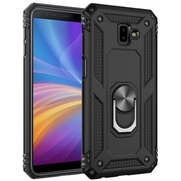 Samsung Galaxy J6 Plus 2018 Kılıf Silikon Zırhlı Standlı Yüzüklü Mıknatıslı Tank Kapak - Siyah